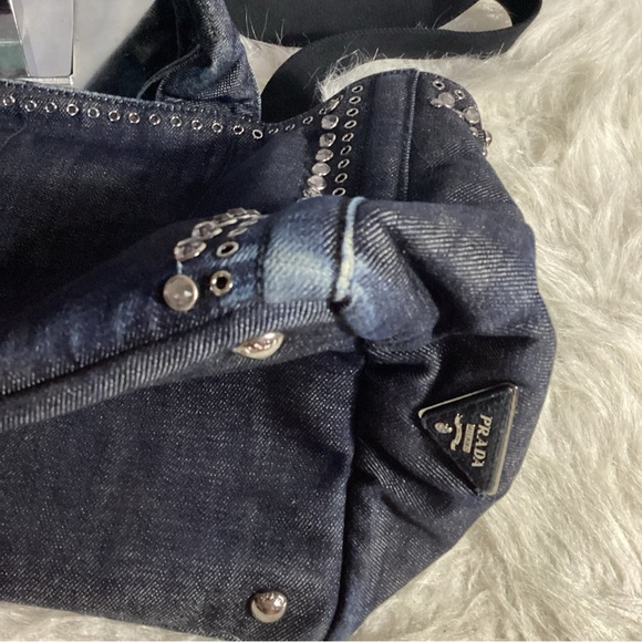 SOLD………Prada Canapa Studded Grommet Embellished Denim Tote w/ Long Strap RARE - Picture 11 of 16